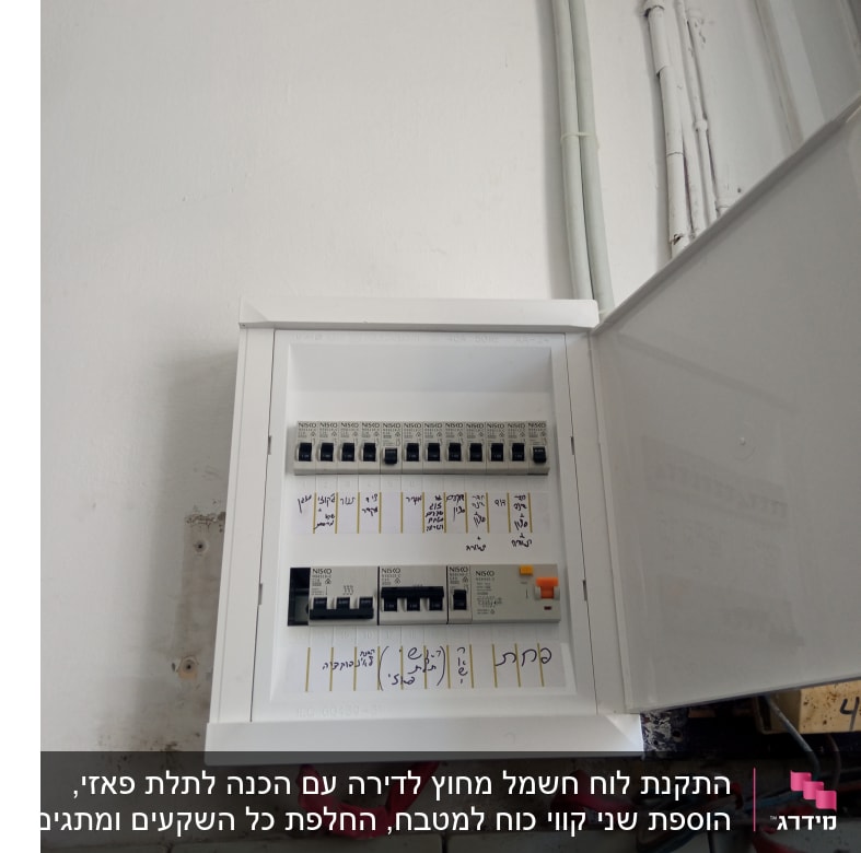 לוח חשמל פתוח עם מפסקים וכבלים